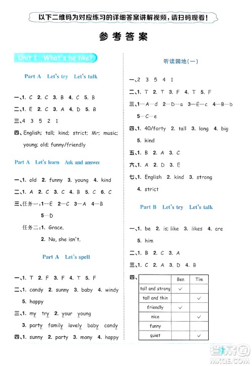 江西教育出版社2024年秋阳光同学课时优化作业五年级英语上册人教PEP版答案