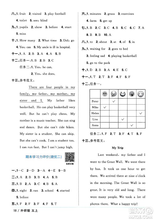 江西教育出版社2024年秋阳光同学课时优化作业五年级英语上册外研版三起点答案