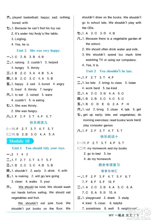 江西教育出版社2024年秋阳光同学课时优化作业五年级英语上册外研版一起点答案