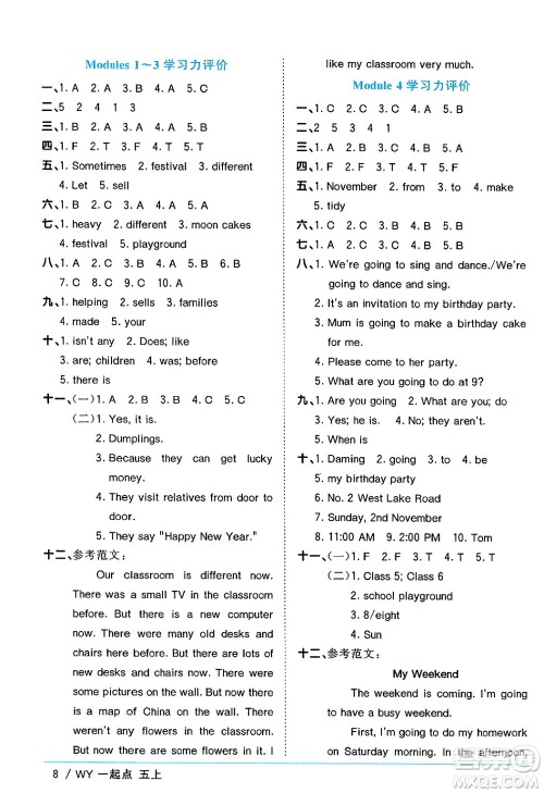 江西教育出版社2024年秋阳光同学课时优化作业五年级英语上册外研版一起点答案