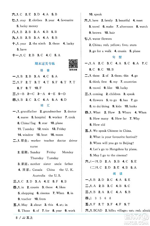 江西教育出版社2024年秋阳光同学课时优化作业五年级英语上册冀教版答案