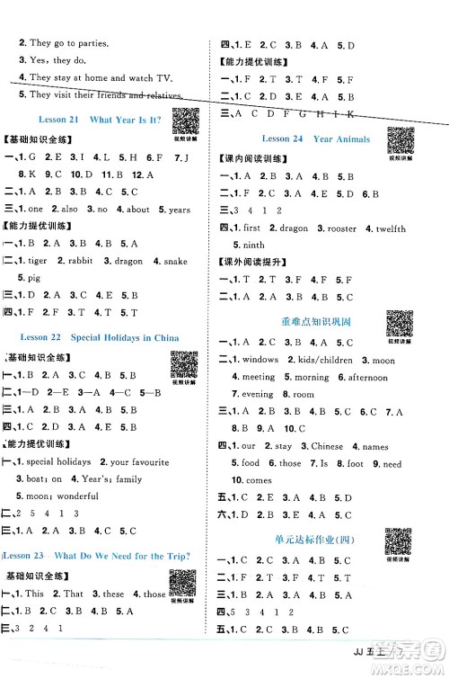 江西教育出版社2024年秋阳光同学课时优化作业五年级英语上册冀教版答案