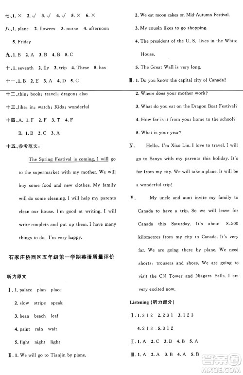 江西教育出版社2024年秋阳光同学课时优化作业五年级英语上册冀教版答案