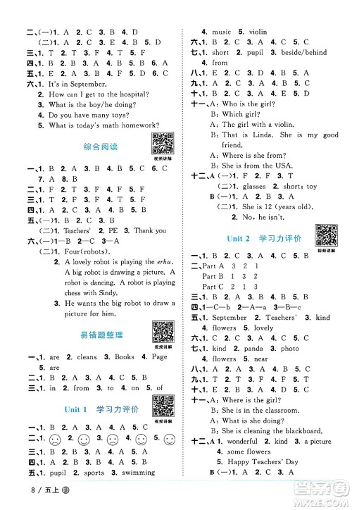 江西教育出版社2024年秋阳光同学课时优化作业五年级英语上册闽教版福建专版答案 江西教育出版社2024年秋阳光同学课时优化作业五年级英语上册闽教版福建专版答案