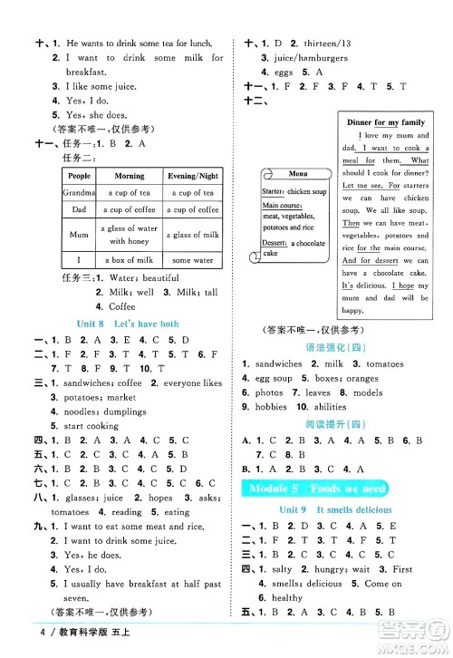 江西教育出版社2024年秋阳光同学课时优化作业五年级英语上册教科版广州专版答案