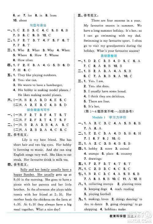 江西教育出版社2024年秋阳光同学课时优化作业五年级英语上册教科版广州专版答案