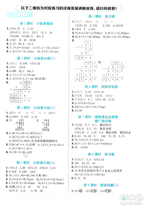 江西教育出版社2024年秋阳光同学课时优化作业五年级数学上册人教版答案