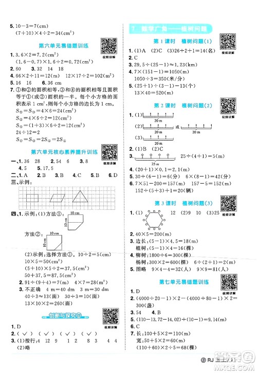 福建少年儿童出版社2024年秋阳光同学课时优化作业五年级数学上册人教版福建专版答案