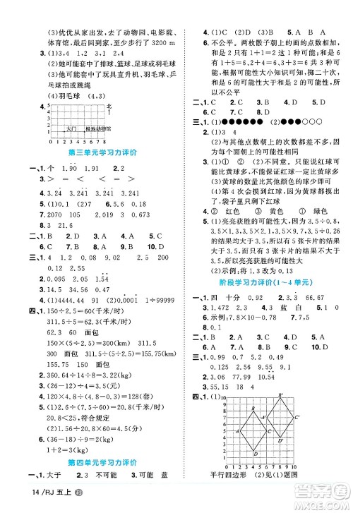 福建少年儿童出版社2024年秋阳光同学课时优化作业五年级数学上册人教版福建专版答案