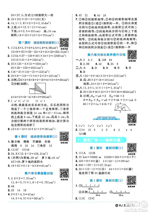 甘肃少年儿童出版社2024年秋阳光同学课时优化作业五年级数学上册人教版山东专版答案