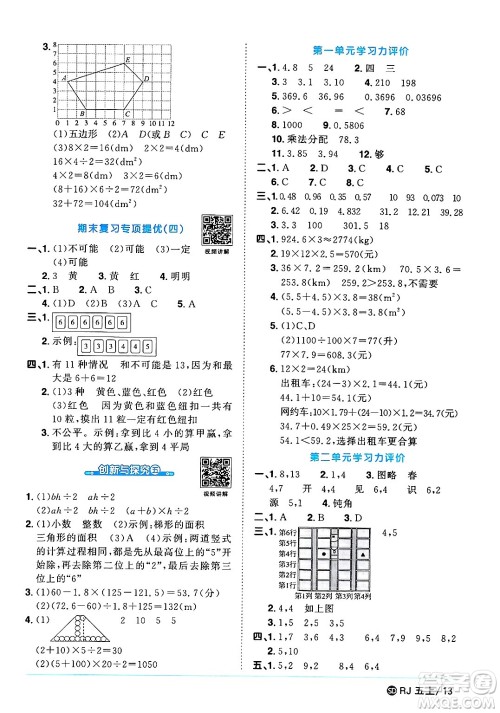 甘肃少年儿童出版社2024年秋阳光同学课时优化作业五年级数学上册人教版山东专版答案