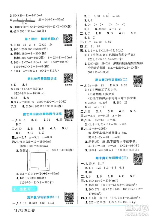 甘肃少年儿童出版社2024年秋阳光同学课时优化作业五年级数学上册人教版山东专版答案