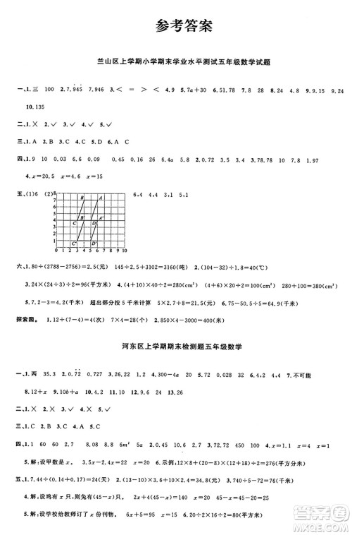 甘肃少年儿童出版社2024年秋阳光同学课时优化作业五年级数学上册人教版山东专版答案