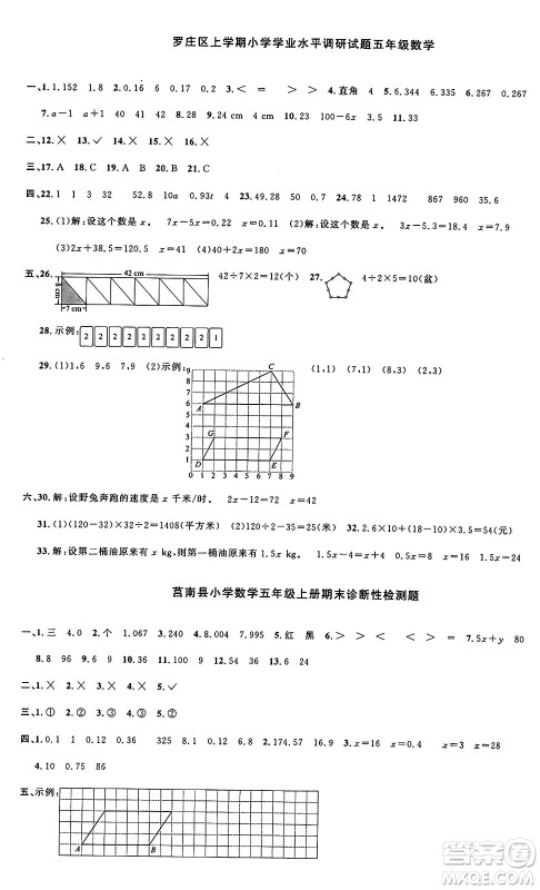 甘肃少年儿童出版社2024年秋阳光同学课时优化作业五年级数学上册人教版山东专版答案