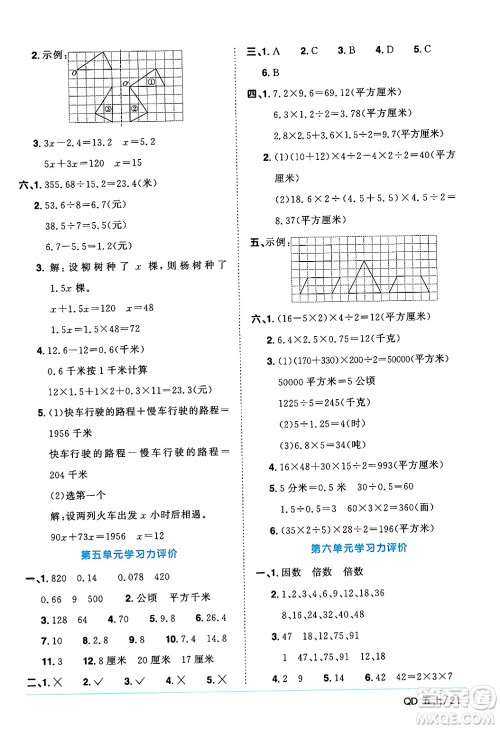 江西教育出版社2024年秋阳光同学课时优化作业五年级数学上册青岛版山东专版答案