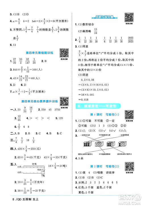 江西教育出版社2024年秋阳光同学课时优化作业五年级数学上册青岛版山东专版五四制答案