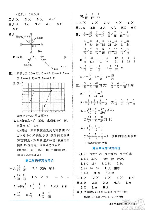 江西教育出版社2024年秋阳光同学课时优化作业五年级数学上册青岛版山东专版五四制答案