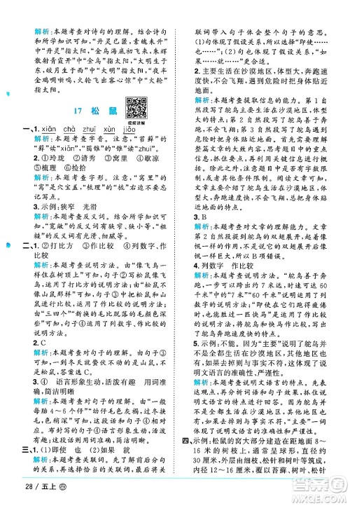 甘肃少年儿童出版社2024年秋阳光同学课时优化作业五年级语文上册人教版山东专版答案