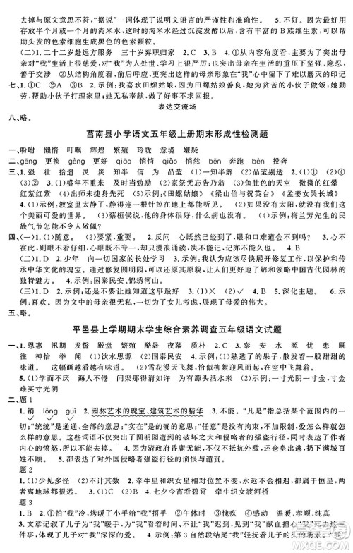甘肃少年儿童出版社2024年秋阳光同学课时优化作业五年级语文上册人教版山东专版答案