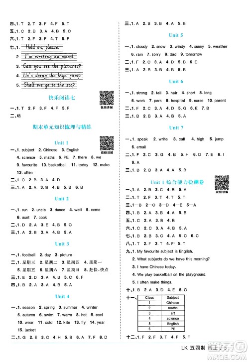江西教育出版社2024年秋阳光同学课时优化作业四年级英语上册鲁科版五四制答案