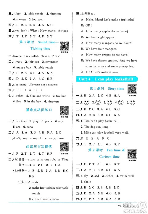 江西教育出版社2024年秋阳光同学课时优化作业四年级英语上册译林版答案