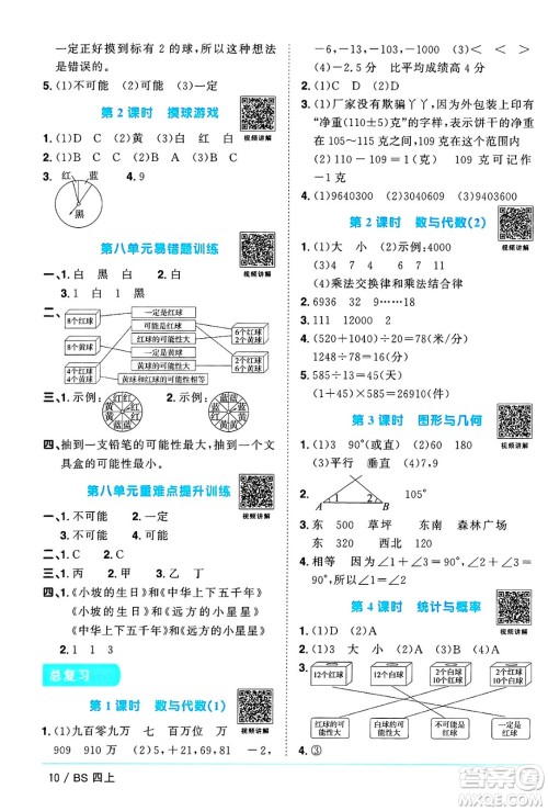 江西教育出版社2024年秋阳光同学课时优化作业四年级数学上册北师大版广东专版答案