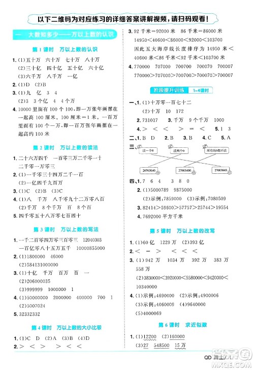 江西教育出版社2024年秋阳光同学课时优化作业四年级数学上册青岛版山东专版答案