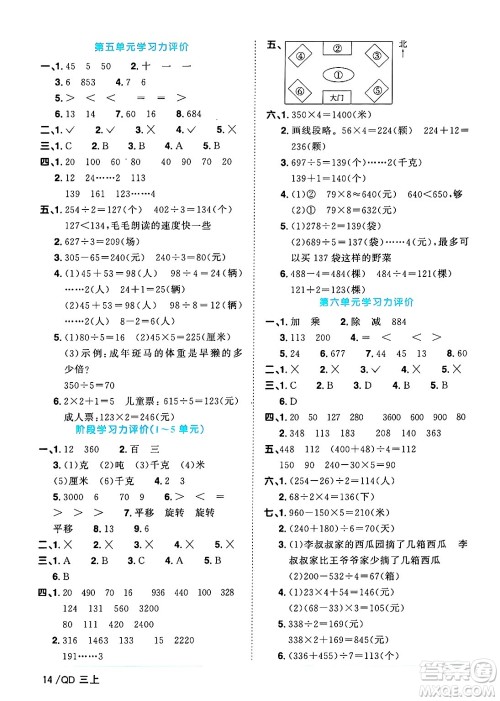 江西教育出版社2024年秋阳光同学课时优化作业三年级数学上册青岛版山东专版答案