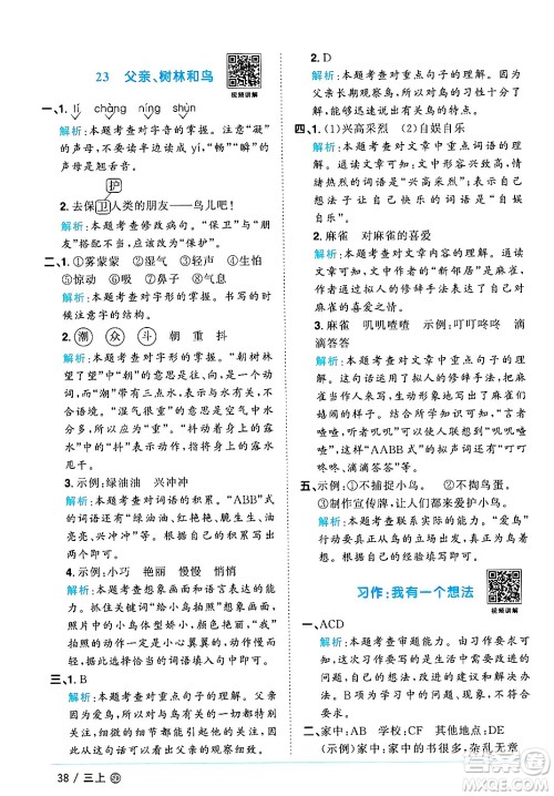 甘肃少年儿童出版社2024年秋阳光同学课时优化作业三年级语文上册人教版山东专版答案