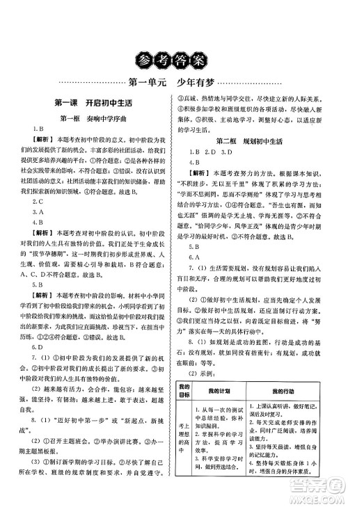 人民教育出版社2024年秋补充习题七年级道德与法治上册通用版答案