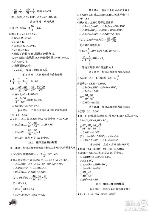 安徽大学出版社2024年秋创新课堂创新作业本九年级数学上册沪科版答案