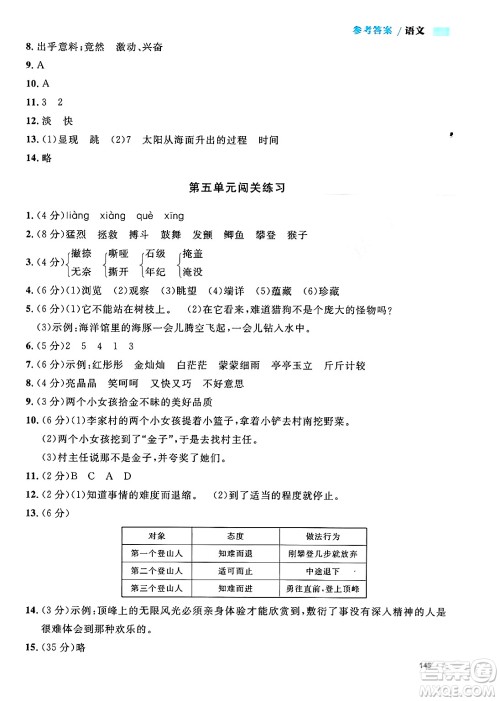 天津人民出版社2024年秋上海作业四年级语文上册上海专版答案