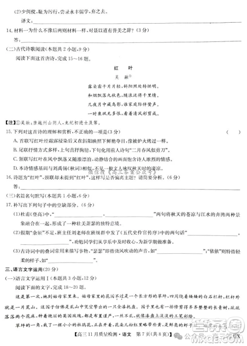 2025九师联盟高三11月质量检测语文答案