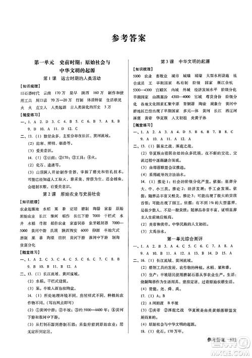 广东经济出版社2024年秋全优点练课计划七年级历史上册人教版答案