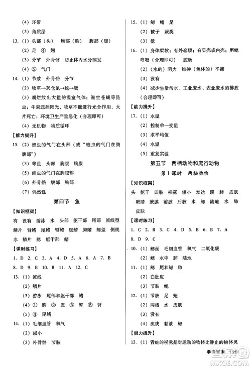 广东经济出版社2024年秋全优点练课计划八年级生物上册人教版答案