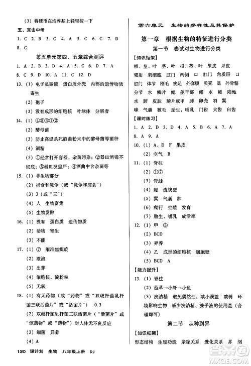 广东经济出版社2024年秋全优点练课计划八年级生物上册人教版答案