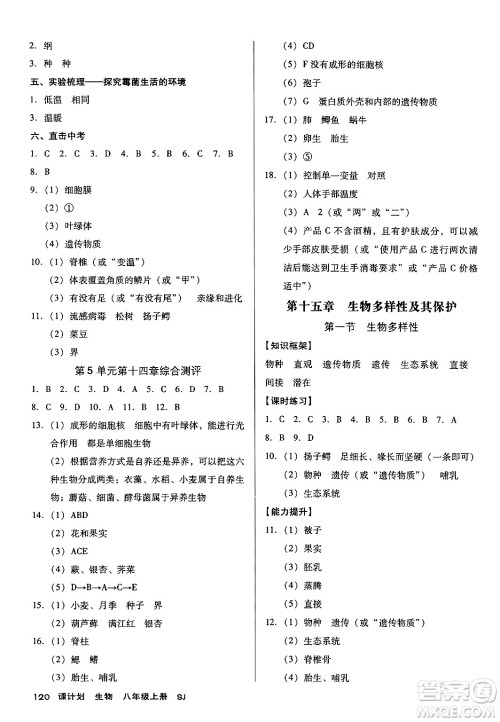 广东经济出版社2024年秋全优点练课计划八年级生物上册苏教版答案