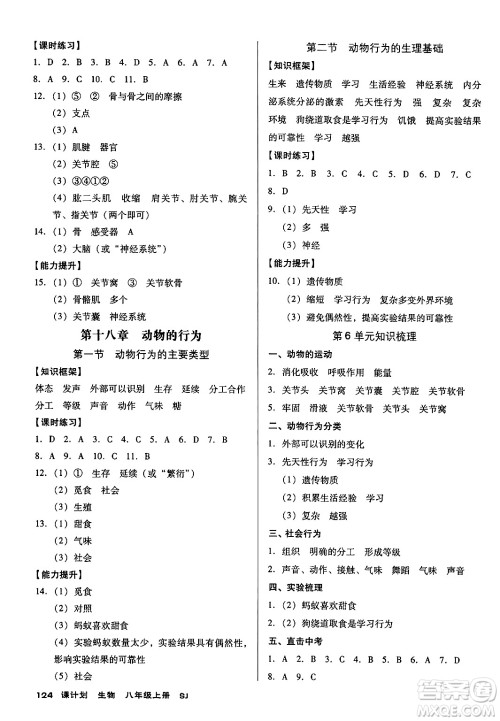 广东经济出版社2024年秋全优点练课计划八年级生物上册苏教版答案