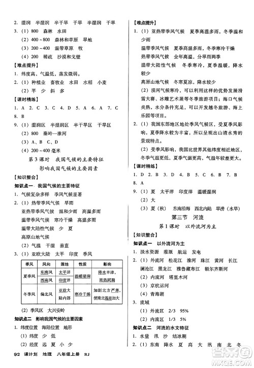 广东经济出版社2024年秋全优点练课计划八年级地理上册人教版答案