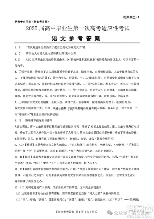 2025届高中毕业生第一次高考适应性考试语文试卷答案