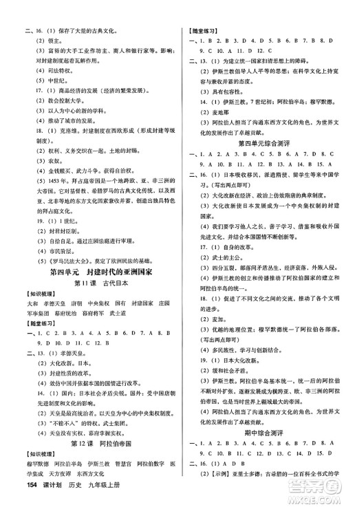 广东经济出版社2024年秋全优点练课计划九年级历史上册人教版答案