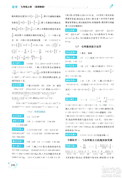 广西师范大学出版社2024年秋新课程学习与测评同步学习七年级数学上册湘教版答案