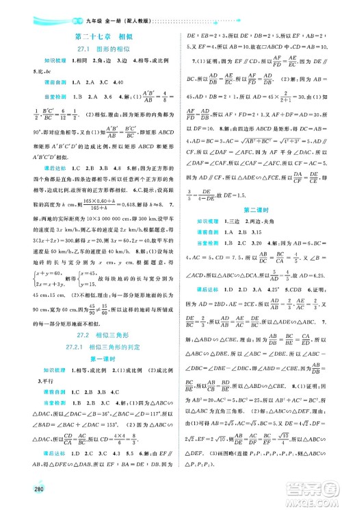 广西师范大学出版社2025年春新课程学习与测评同步学习九年级数学全一册人教版答案