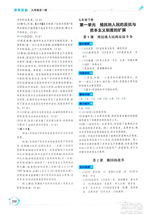 广西师范大学出版社2025年春新课程学习与测评同步学习九年级世界历史全一册通用版答案