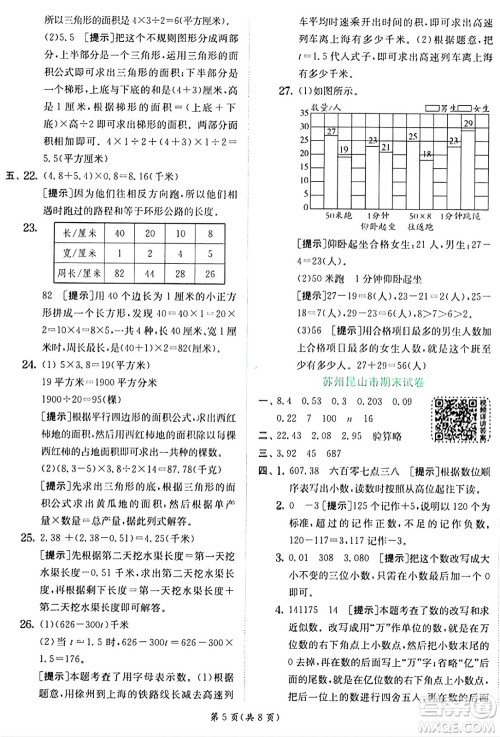 江苏人民出版社2024年秋春雨教育实验班提优训练五年级数学上册苏教版江苏专版答案