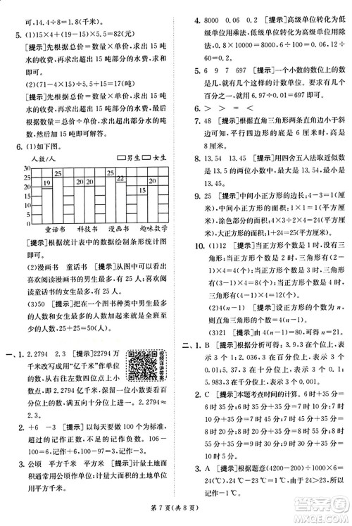 江苏人民出版社2024年秋春雨教育实验班提优训练五年级数学上册苏教版江苏专版答案