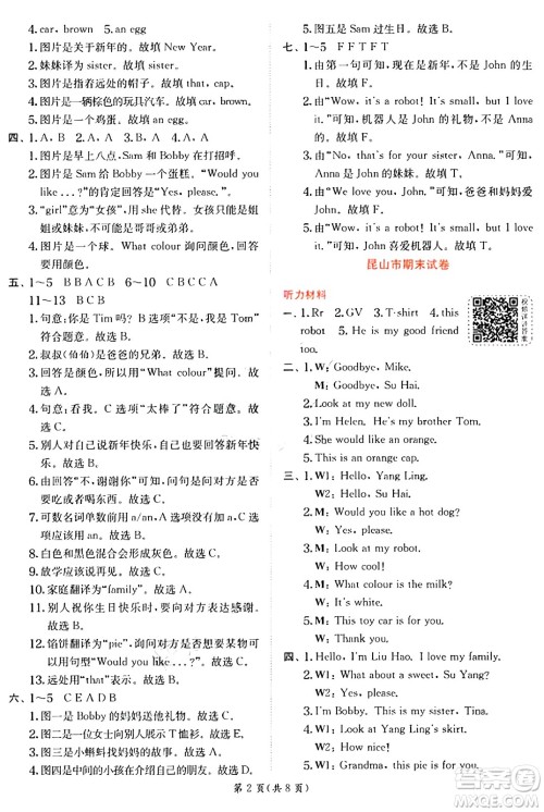 江苏人民出版社2024年秋春雨教育实验班提优训练三年级英语上册译林版江苏专版答案