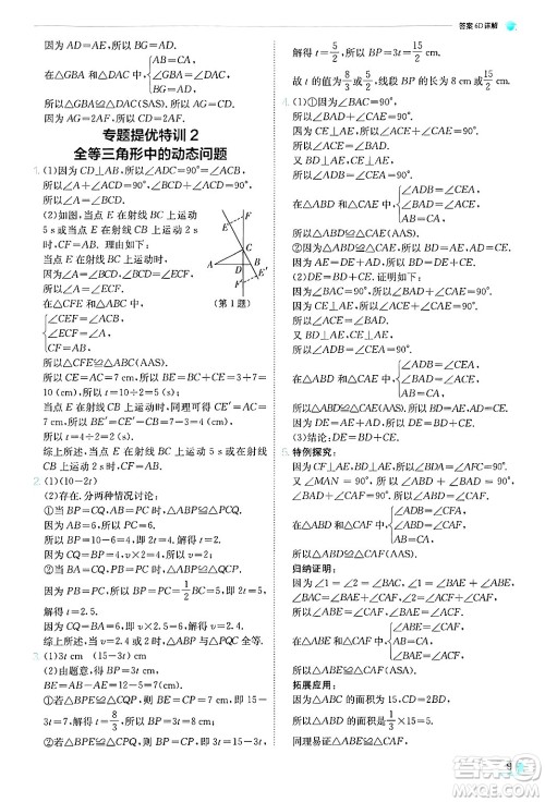 江苏人民出版社2024年秋春雨教育实验班提优训练八年级数学上册青岛版答案