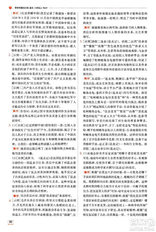 江苏人民出版社2024年秋春雨教育实验班提优训练八年级语文上册人教版答案