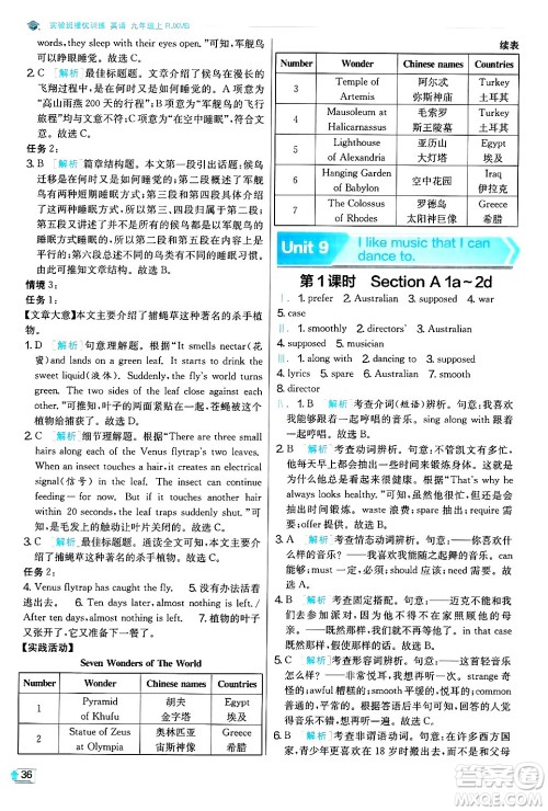 江苏人民出版社2024年秋春雨教育实验班提优训练九年级英语上册人教版答案